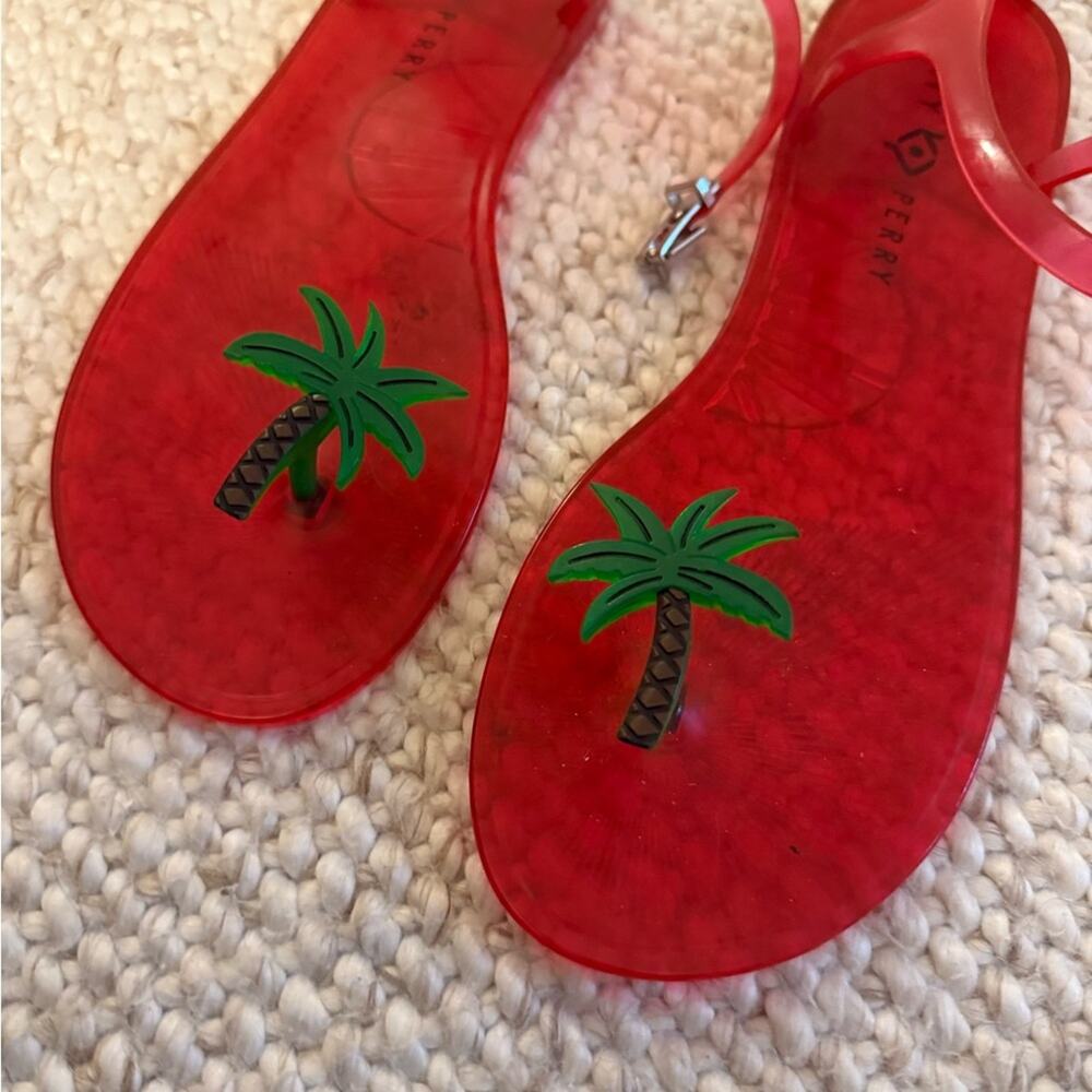Katy Perry Collections Red Jelly Sandals with Green Palm Tree Motif - Picture 2 of 5